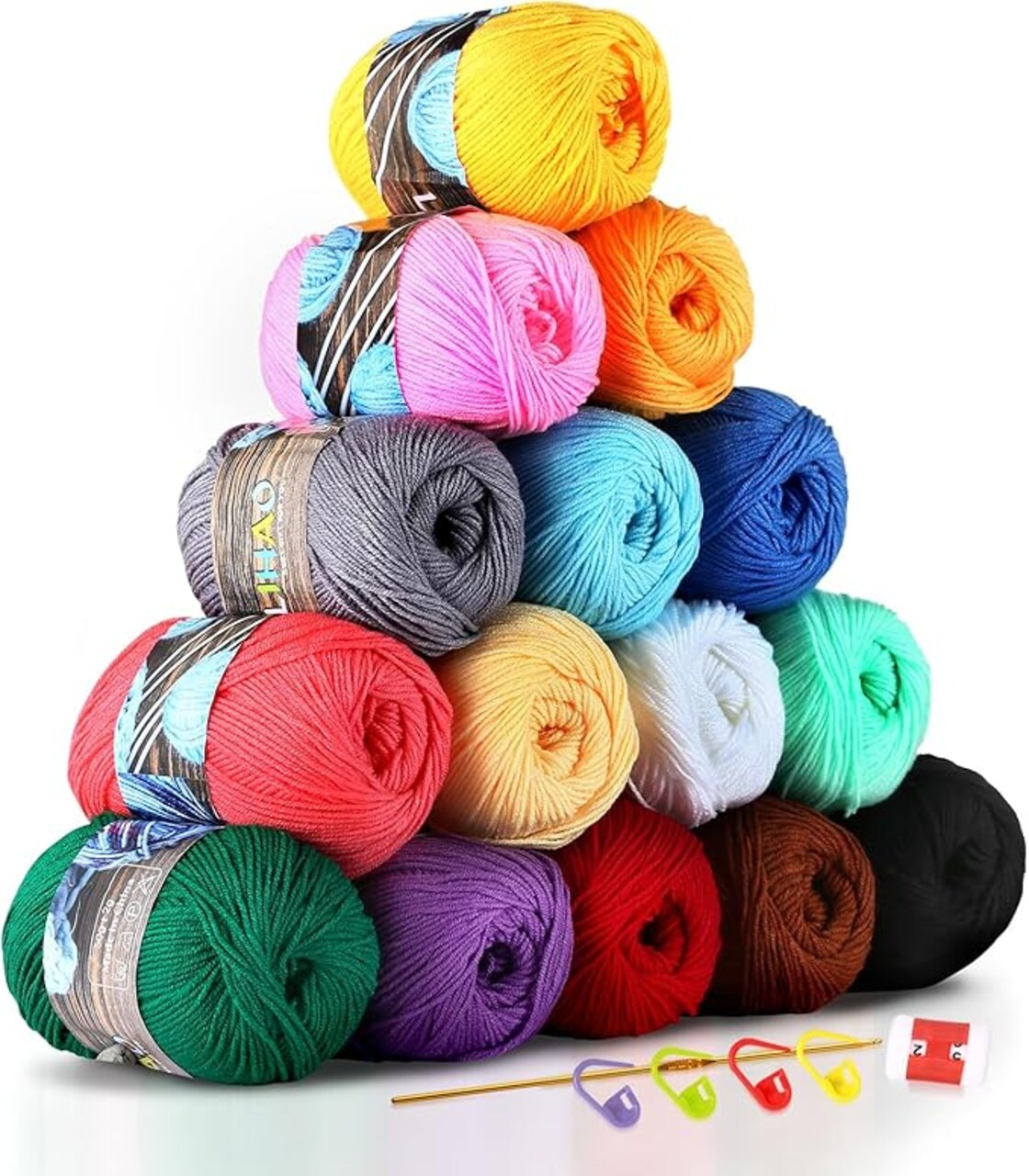 Multicolor Acrylic Yarn 15-Pack – 175yds Each, Beginner Crochet & Knitting Kit with Hooks & Accessories